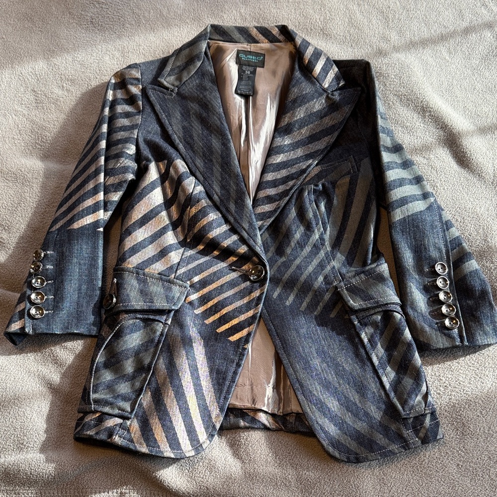 Vintage Custo Barcelona Sz 36 Denim Gray and Silver Striped Blazer